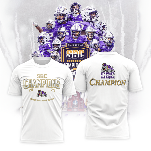 JMU Football Sun Belt Championship White T-Shirt - James Madison Football Sun Belt Champs T-Shirt - Tyche Joy Merch