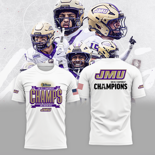 JMU Football Sun Belt Championship White T-Shirt - James Madison Football Champions T-Shirt - We are Sun Belt Champs - Tyche Joy Merch