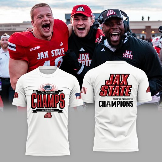 Jax State Football White T-Shirt Champions - Design By Tyche Joy