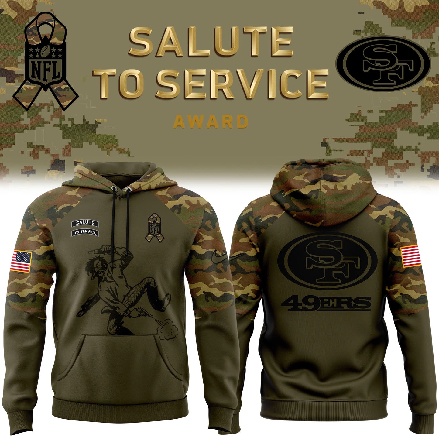 Premium San Francisco 49ers Gear - San Francisco 49ers Camo 2024 Salute to Service Club Fleece Pullover Hoodie - Gear Up For Big Game - High-End SF 49ers Merch