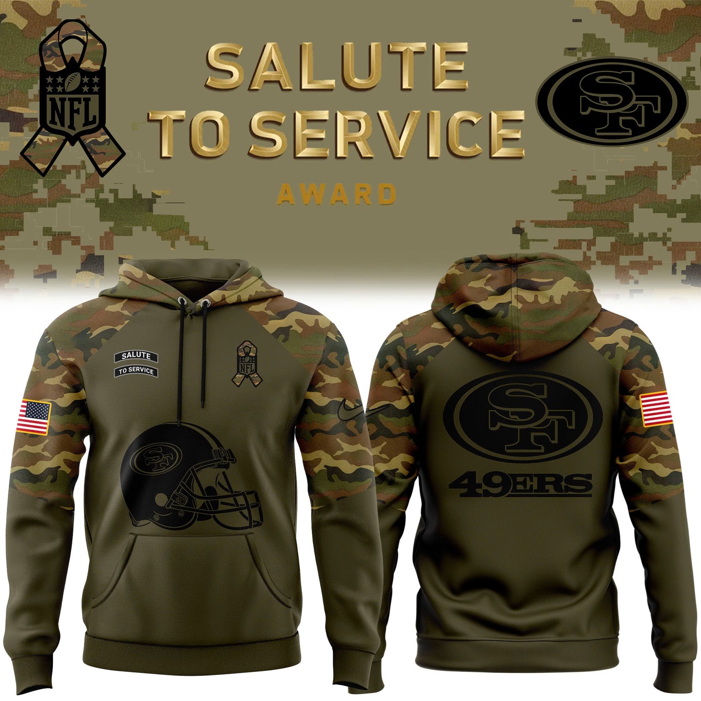 Premium San Francisco 49ers Gear - San Francisco 49ers Camo 2024 Salute to Service Club Fleece Pullover Hoodie - Gear Up For Big Game - High-End SF 49ers Merch