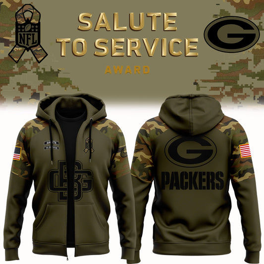 Premium Green Bay Packers Merch 2025 Version - Green Bay Packers Camo 2025 Salute to Service Club Fleece Pullover Zip Hoodie - Gear Up For Game Day!