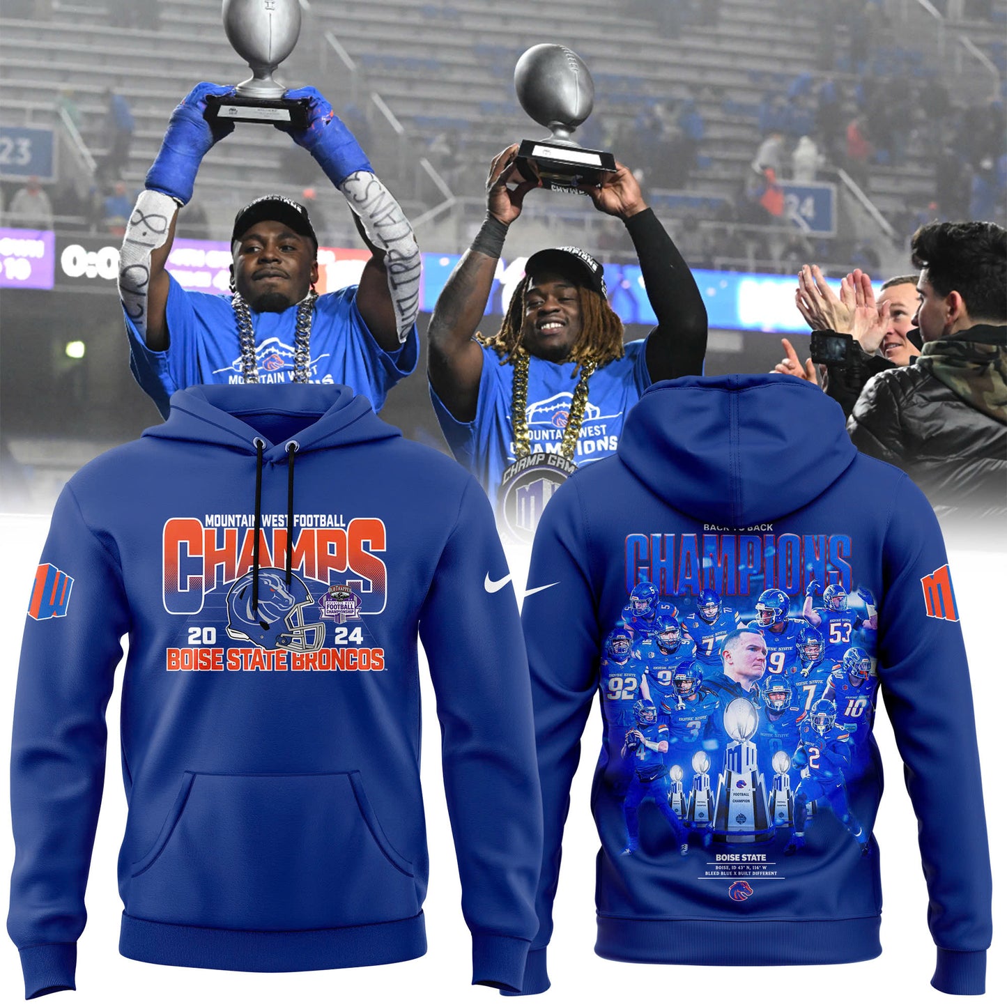 Premium Boise State Broncos Gear - Must Have - Boise State Football 2024 Mountain West Champions Premium Limited Pullover Hoodie V4 (Blue)