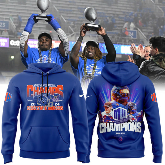 Premium Boise State Broncos Gear - Must Have - Boise State Football 2024 Mountain West Champions Premium Limited Pullover Hoodie V3 (Blue)