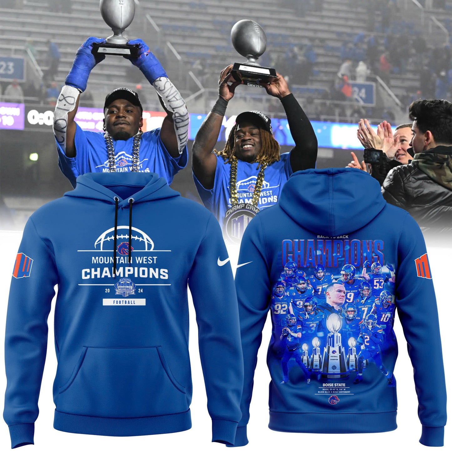 Premium Boise State Broncos Gear - Must Have - Boise State Football 2024 Mountain West Champions Premium Limited Pullover Hoodie V2 (Blue)