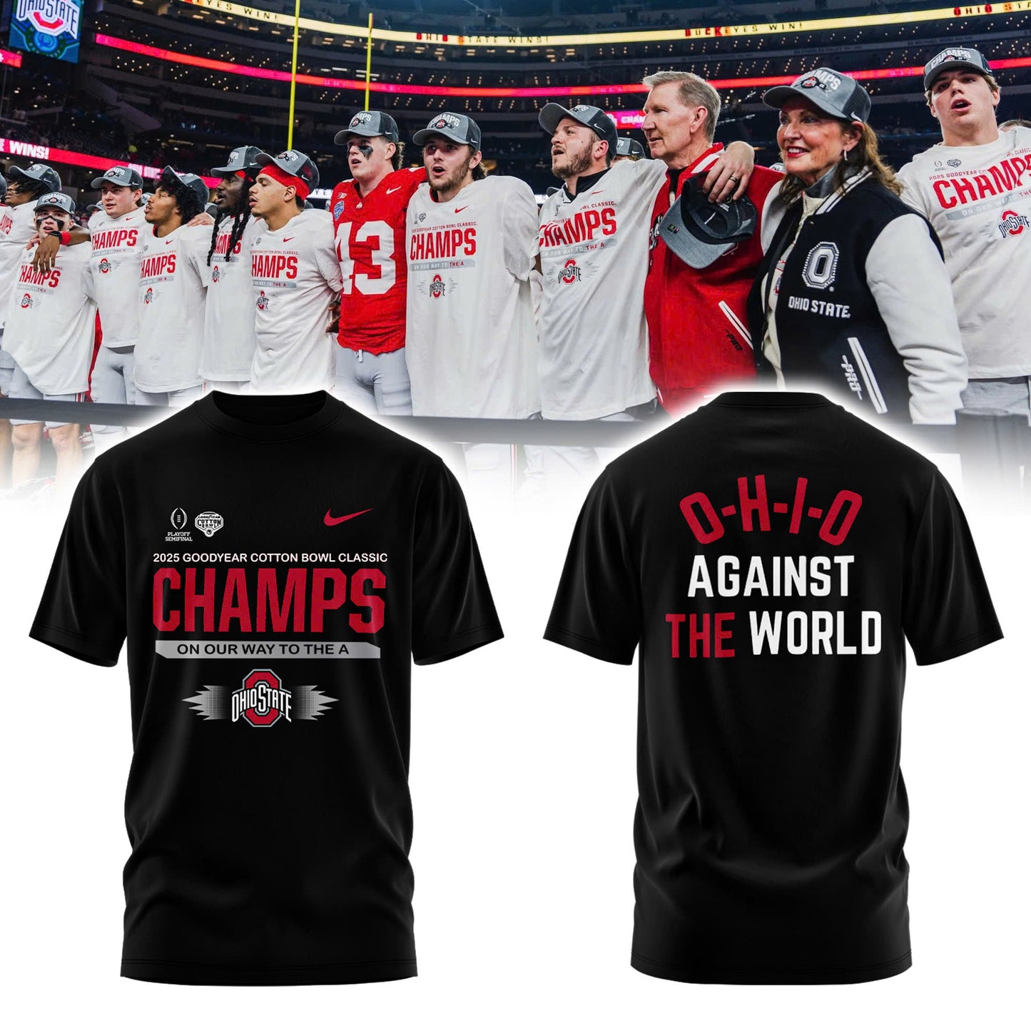 2025 Cotton Bowl Ohio State CHAMPS Black Club Fleece Edition T-Shirt - Ohio Against The World