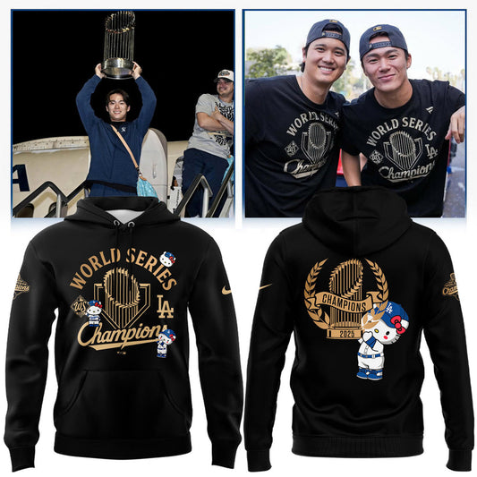 Hello Kitty x 2025 World Series Champions LA Dodgers Hoodie - 100% Cotton DTF Printed - Golden Black
